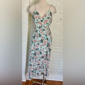 Altr’d State- mint/peach floral ruffle wrap midi dress